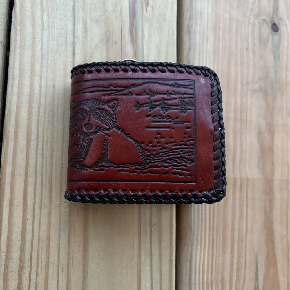 Vintage Hand Tooled Leather Wallet Bi Fold Handmade Whipstitch Raccoon Free Ride